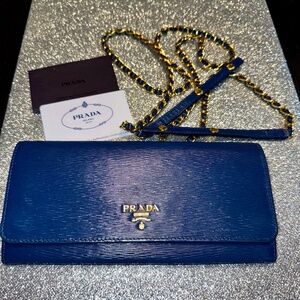 Prada Saffiano Leather Blue Wallet on Chain